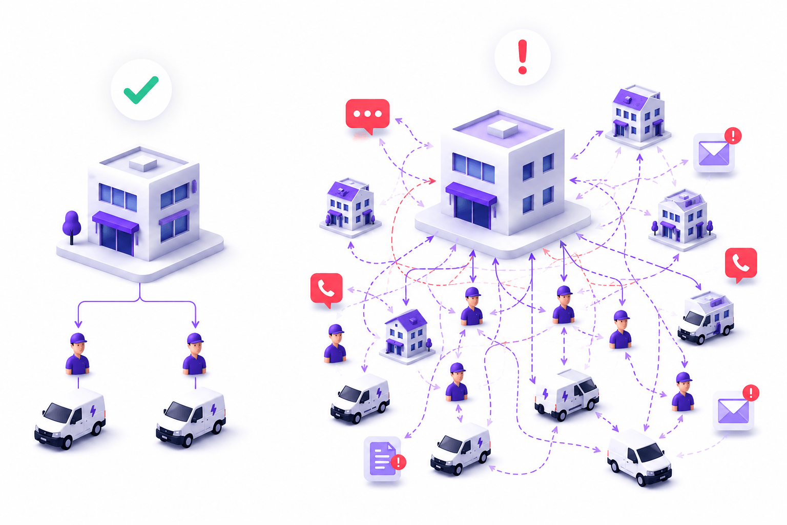 Comparaison avant/après gestion multi-sites Squoad — passage d'une organisation simple à un réseau d'agences coordonné avec équipes terrain et pilotage centralisé