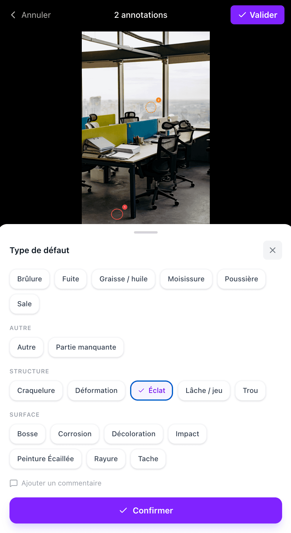 Application mobile Squoad — sélection du type de défaut lors d'un contrôle qualité nettoyage