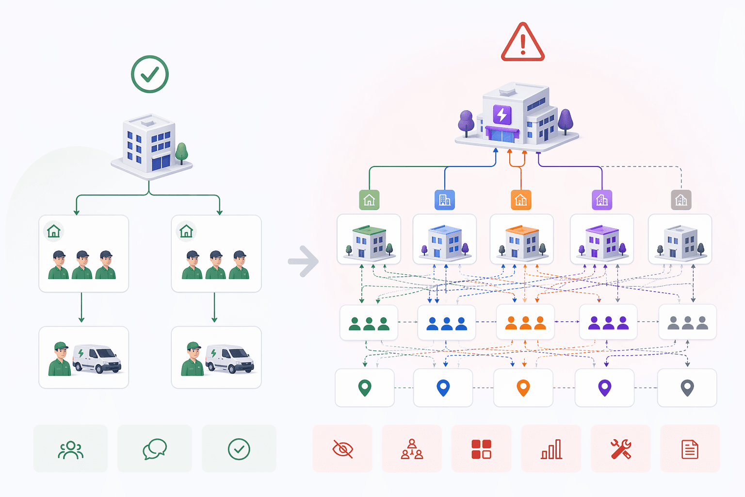 Comparaison avant/après gestion multi-sites Squoad — passage d'une organisation simple à un réseau d'agences coordonné avec équipes terrain et pilotage centralisé