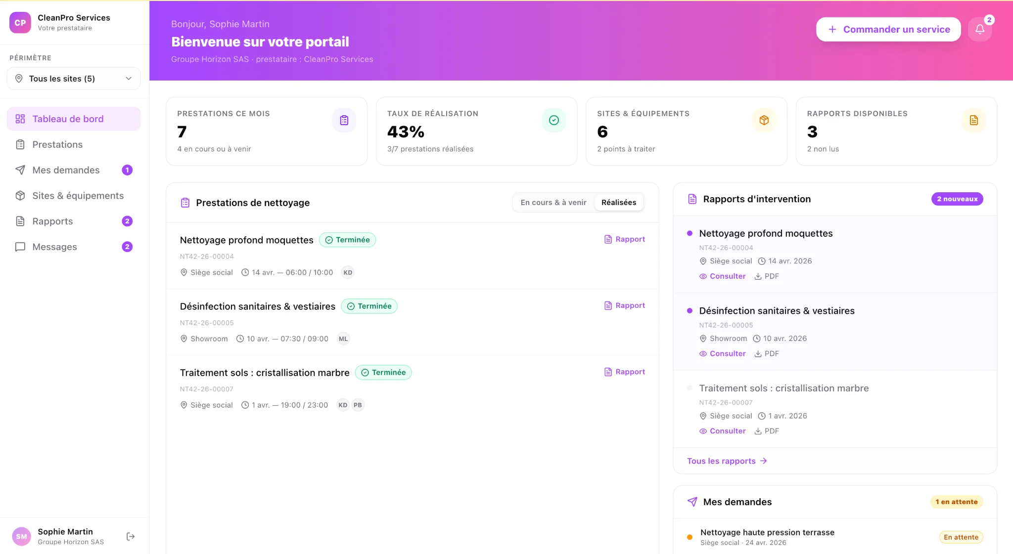 Portail client Squoad pour entreprise de nettoyage — tableau de bord suivi des prestations, rapports d'intervention et demandes clients
